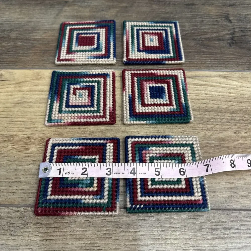 Vintage Handmade Plastic Canvas Yarn 6 Coasters Set 3.25” Boho MCM